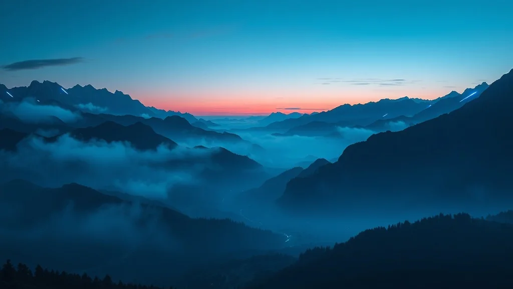 Futuristic wallpaper: a misty mountain valley at dawn
