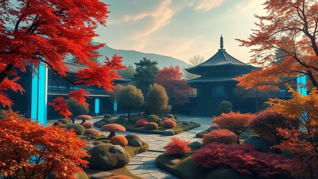 Futuristic wallpaper: a serene Japanese garden in autumn