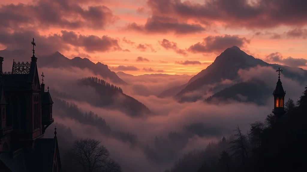 Gothic wallpaper: a misty mountain valley at dawn