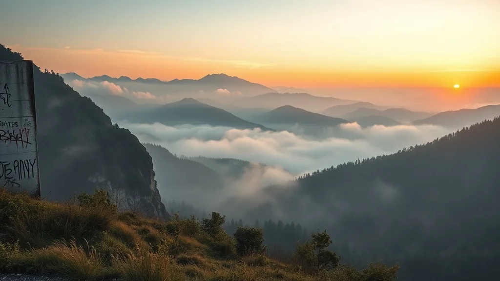 Graffiti wallpaper: a misty mountain valley at dawn