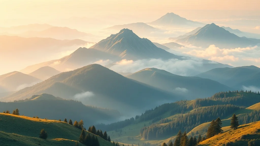 Isometric wallpaper: a misty mountain valley at dawn