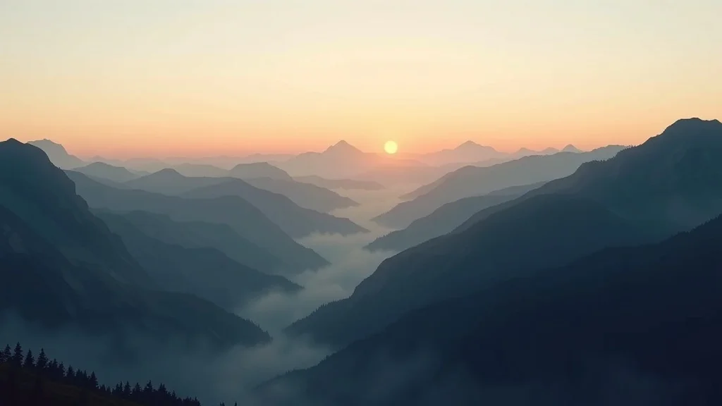 Low Poly wallpaper: a misty mountain valley at dawn