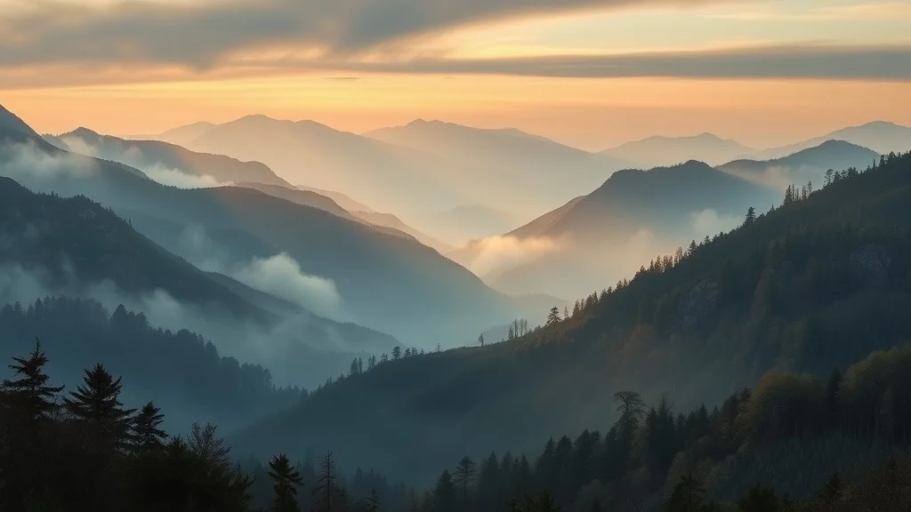 Oil Painting wallpaper: a misty mountain valley at dawn