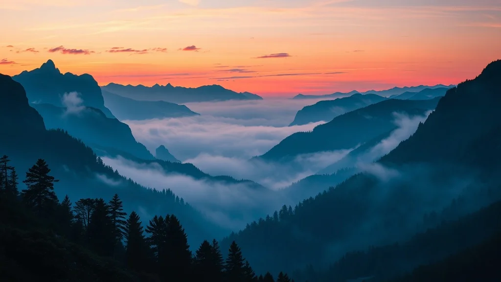 Pop Art wallpaper: a misty mountain valley at dawn