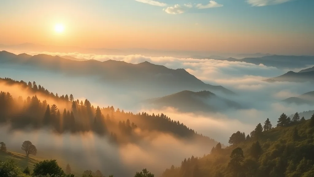 Photorealistic wallpaper: a misty mountain valley at dawn