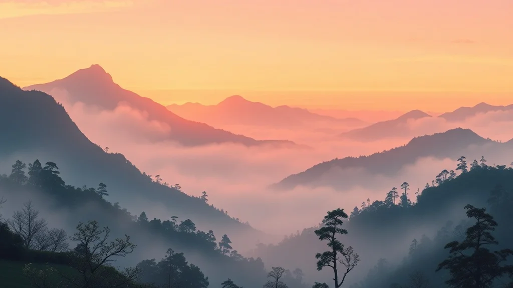 Studio Ghibli wallpaper: a misty mountain valley at dawn