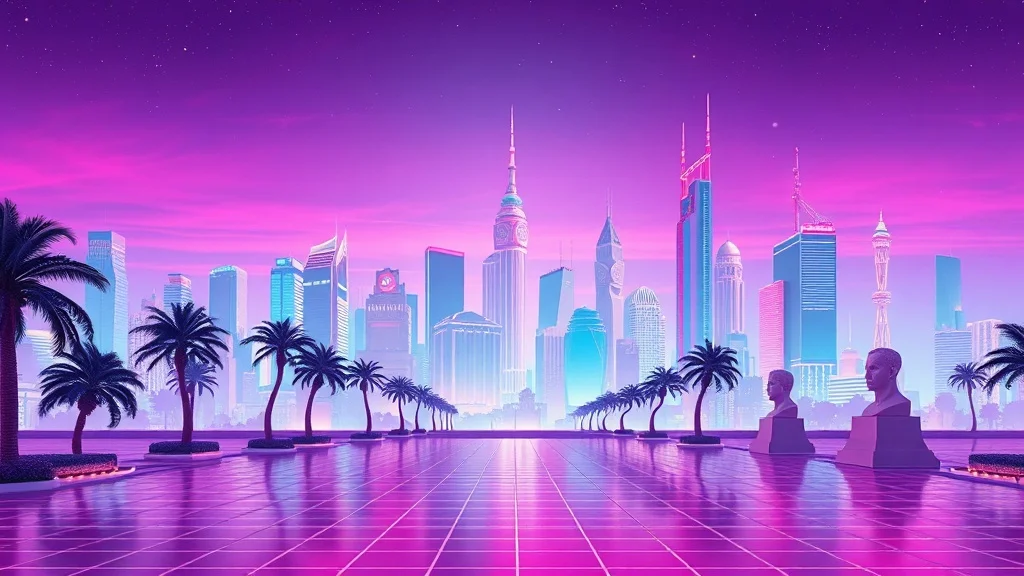 Vaporwave wallpaper: a futuristic city skyline at night