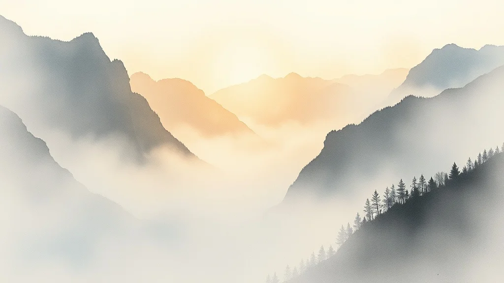 Watercolor wallpaper: a misty mountain valley at dawn
