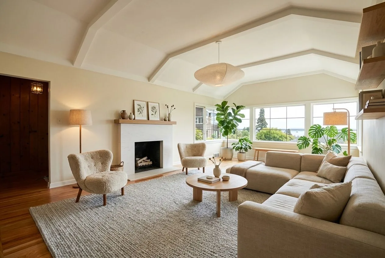 Neutral Scandinavian living room with vaulted ceilings, white fireplace, light wood mantel, beige sectional, wool rug, paper pendant, photorealistic interior design photography, 8k
