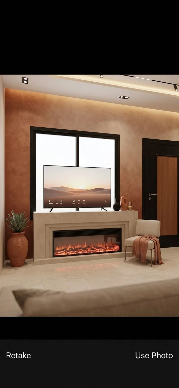 Modern living room with terracotta textured walls, beige tile floors, electric fireplace, black window frames, recessed lighting, photorealistic interior design photography, 8k