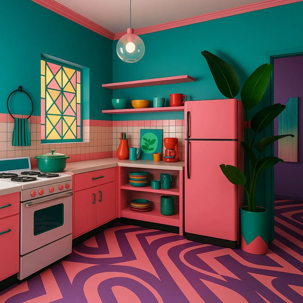 Funky retro kitchen with teal walls, pink cabinets, pink refrigerator, geometric purple floor, colorful dishware, photorealistic interior design photography, 8k