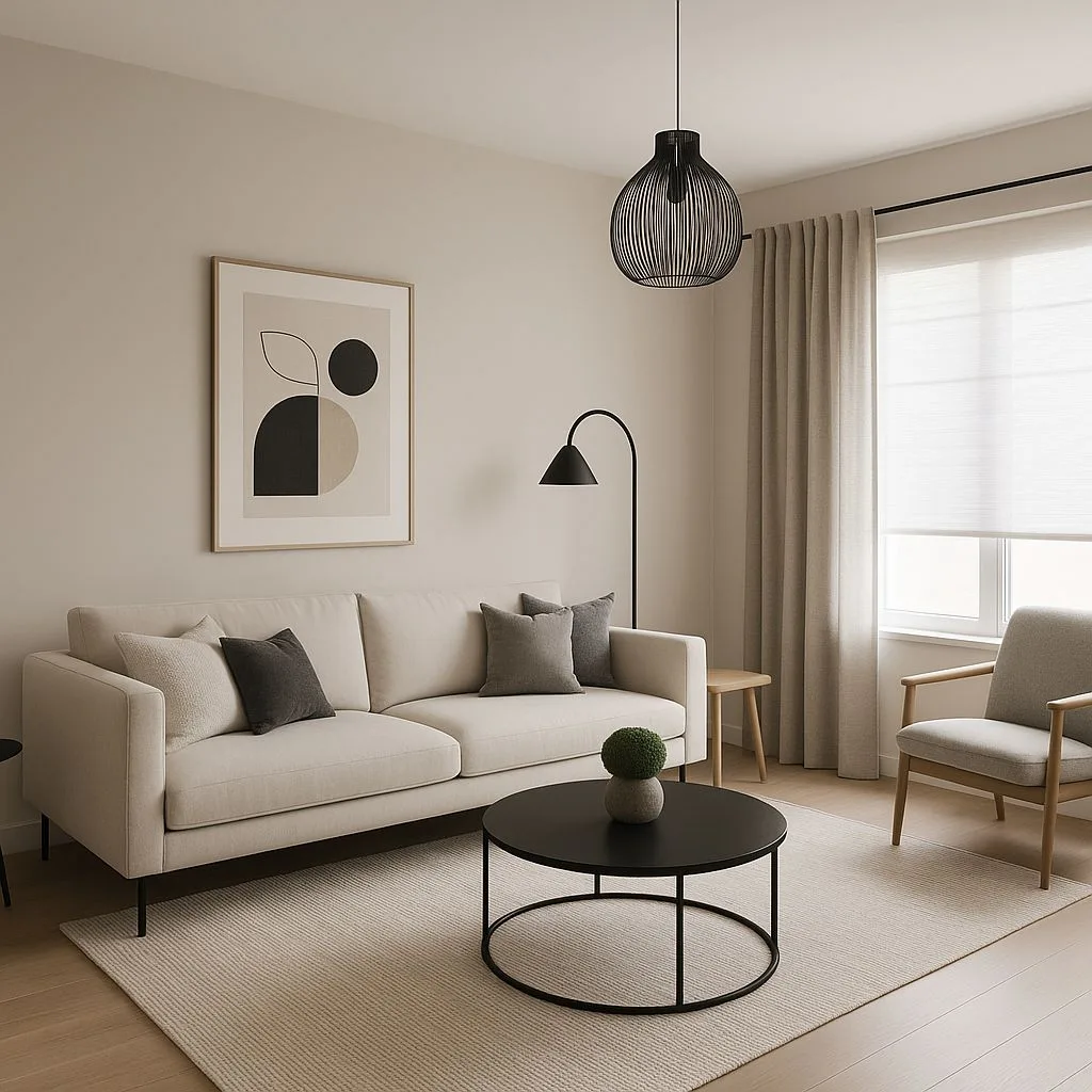 Neutral Scandinavian living room with cream sofa, black metal coffee table, light wood floors, beige rug, black pendant light, photorealistic interior design photography, 8k