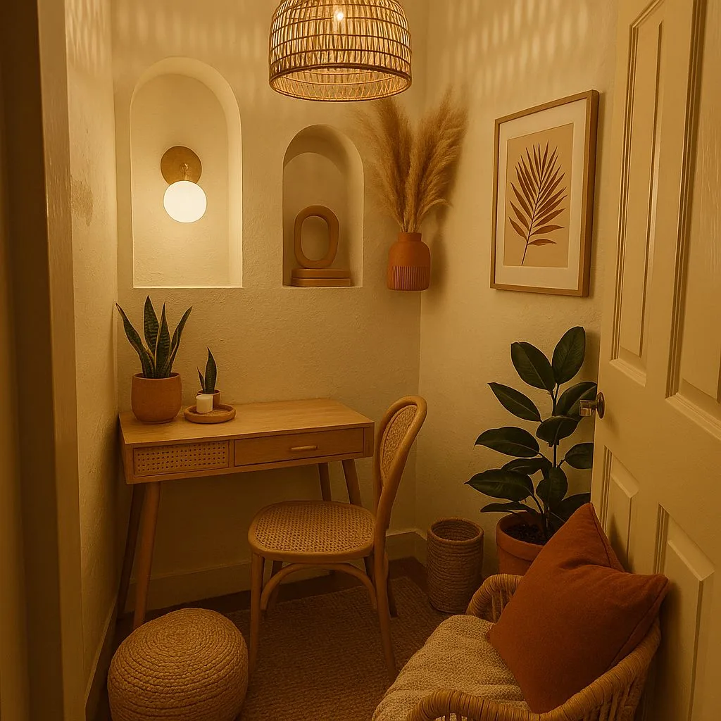 Bohemian home office nook with rattan desk, woven chair, terracotta accents, arched niches, woven pendant light, photorealistic interior design photography, 8k