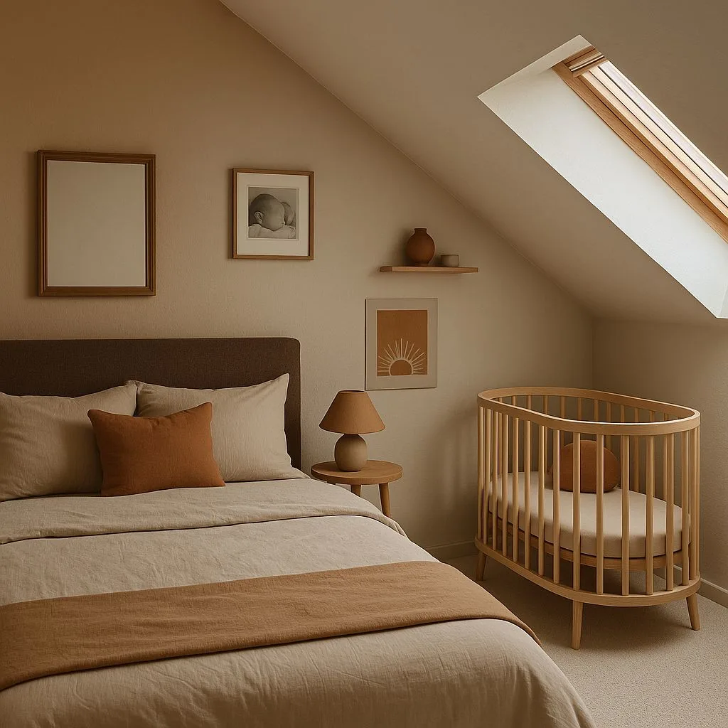 Scandinavian nursery with oval wood crib, beige linen bedding, terracotta accent pillow, wood frame art, skylight, photorealistic interior design photography, 8k