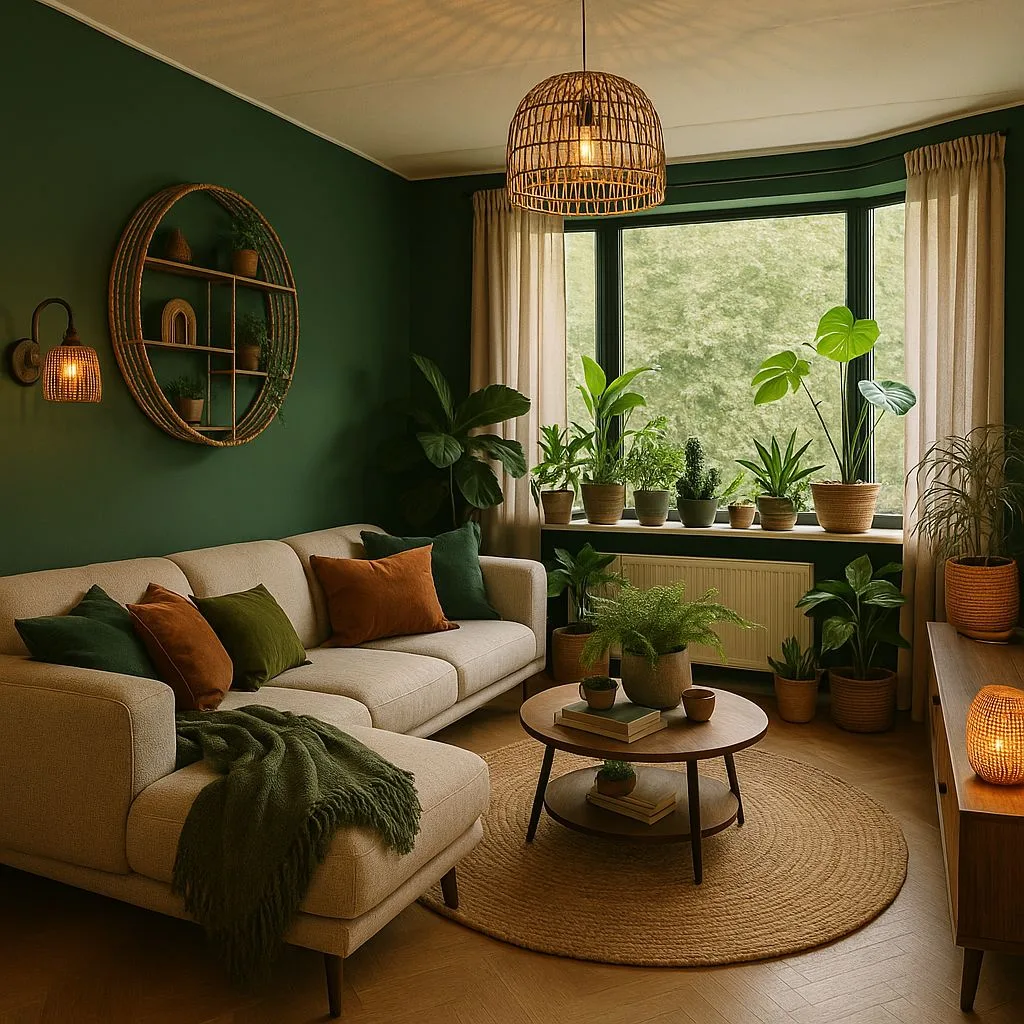 Bohemian living room with forest green walls, beige sectional sofa, rattan pendant light, jute rug, terracotta pots, photorealistic interior design photography, 8k