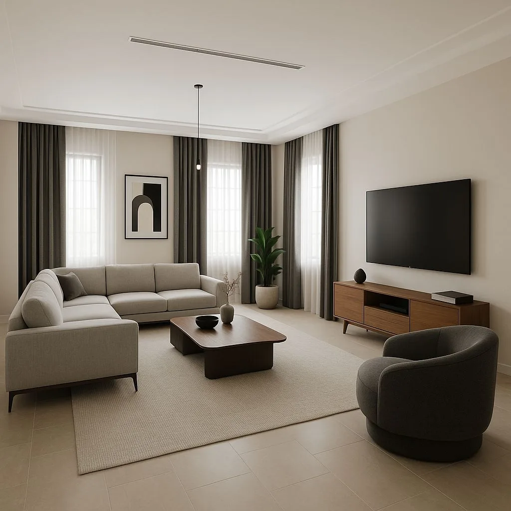Minimalist living room with beige sectional, dark wood media console, light gray rug, gray linen curtains, black pendant, photorealistic interior design photography, 8k