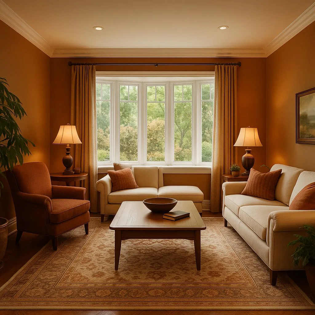 Traditional living room with warm tan walls, neutral sofas, rust colored pillows, wood coffee table, patterned rug, table lamps, photorealistic interior design photography, 8k