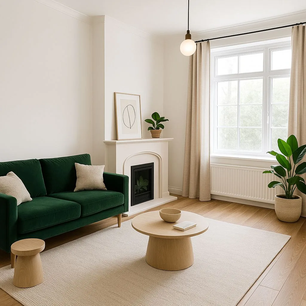 Scandinavian living room with white walls, light wood floors, emerald velvet sofa, round wood table, beige rug, globe pendant, photorealistic interior design photography, 8k