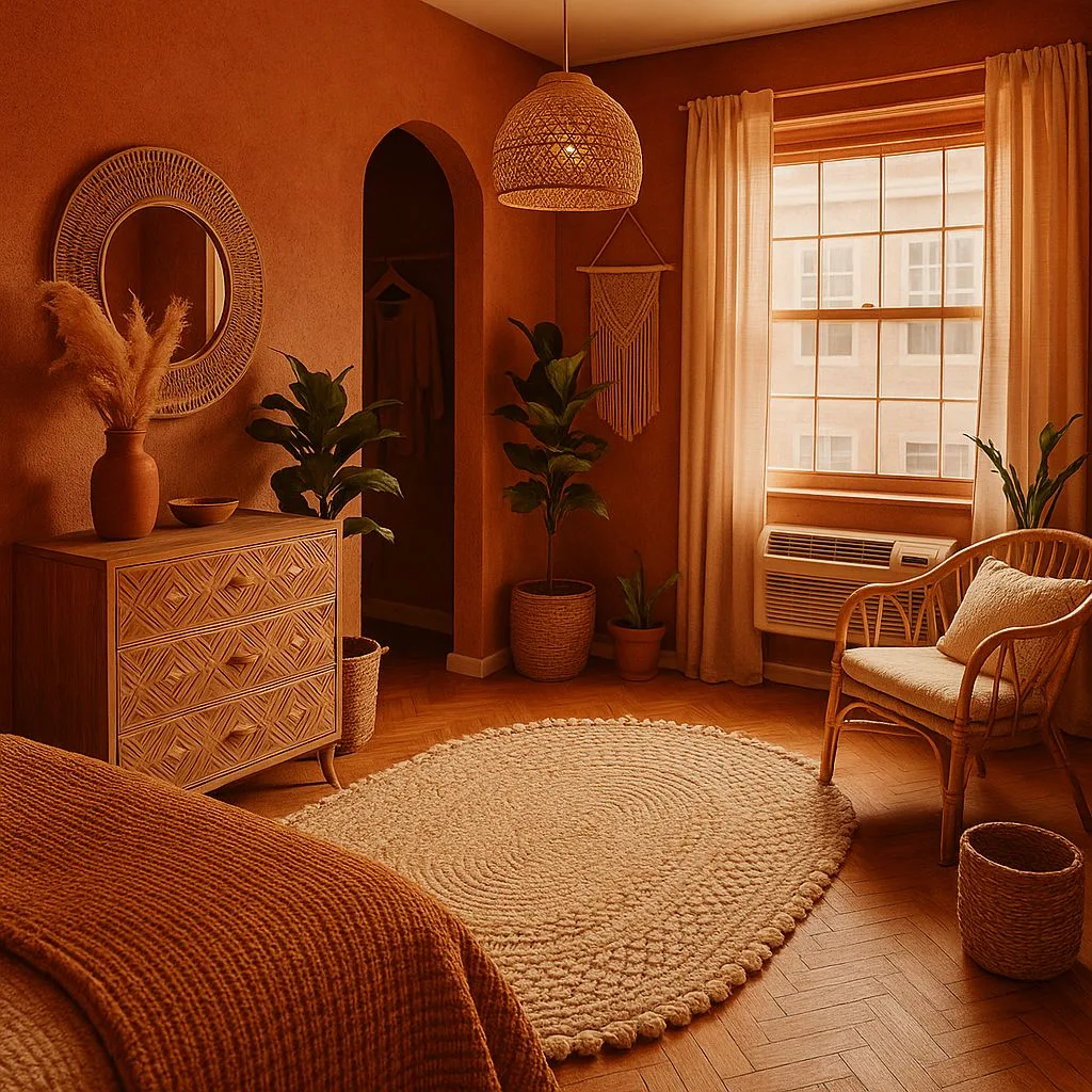 Bohemian terracotta bedroom with herringbone wood floors, rattan chair, woven pendant, oval jute rug, potted ficus, photorealistic interior design photography, 8k