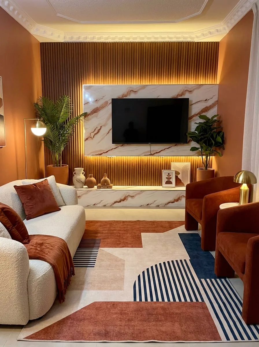 Contemporary living room with terracotta walls, wood slat accent, marble media console, rust velvet chairs, geometric rug, photorealistic interior design photography, 8k