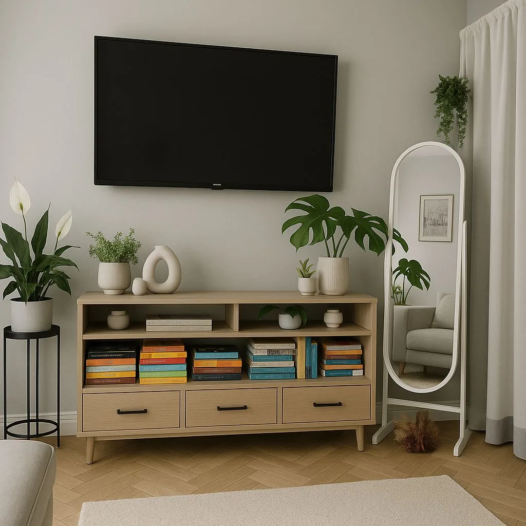 Minimalist Scandinavian living room with light wood console, colorful books, monstera plant, white oval mirror, herringbone floor, photorealistic interior design photography, 8k