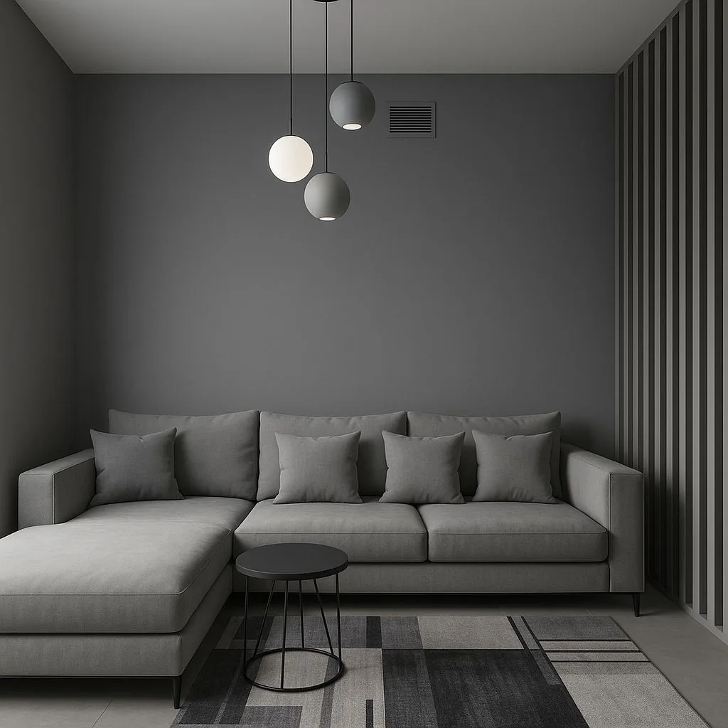 Modern monochrome living room with grey sectional sofa, geometric rug, black side table, globe pendant lights, vertical slat wall, photorealistic interior design photography, 8k