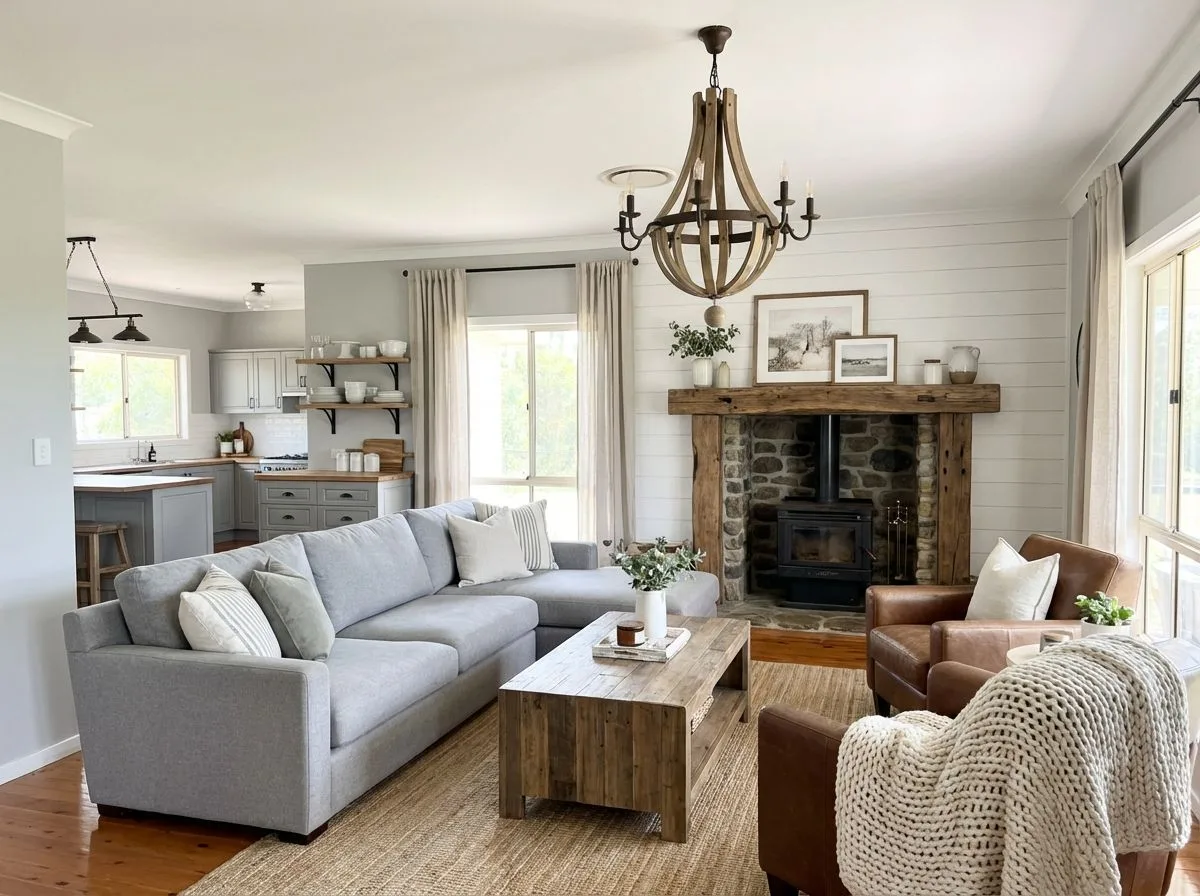 Farmhouse living room with grey sectional sofa, stone fireplace, wood beam mantel, jute rug, wood chandelier, photorealistic interior design photography, 8k