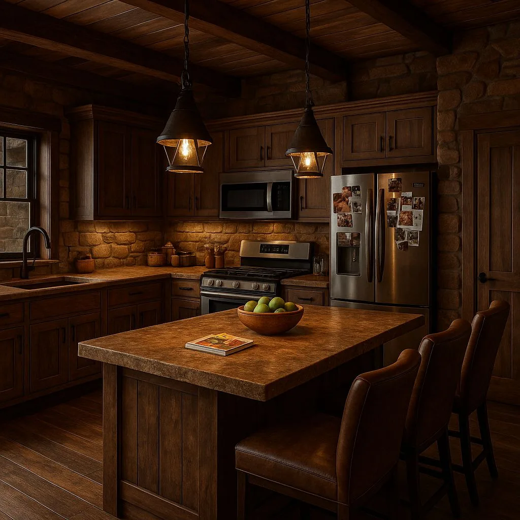 Rustic kitchen with dark wood cabinets, stone backsplash, wood beam ceiling, leather counter stools, industrial pendants, photorealistic interior design photography, 8k