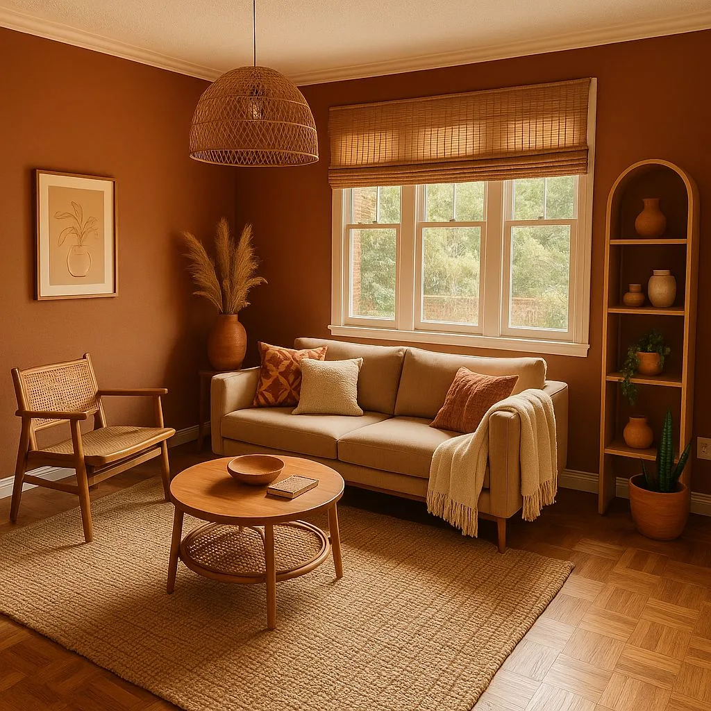 Bohemian terracotta living room with jute rug, beige linen sofa, rattan pendant, woven blinds, wood shelving, photorealistic interior design photography, 8k