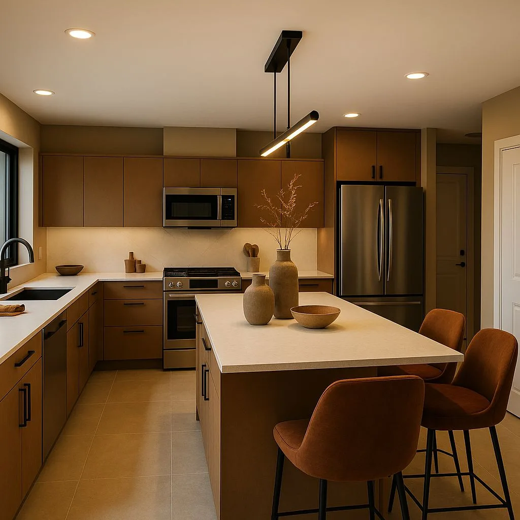Modern kitchen with flat panel brown cabinets, white quartz countertops, stainless steel appliances, rust barstools, linear pendant, photorealistic interior design photography, 8k