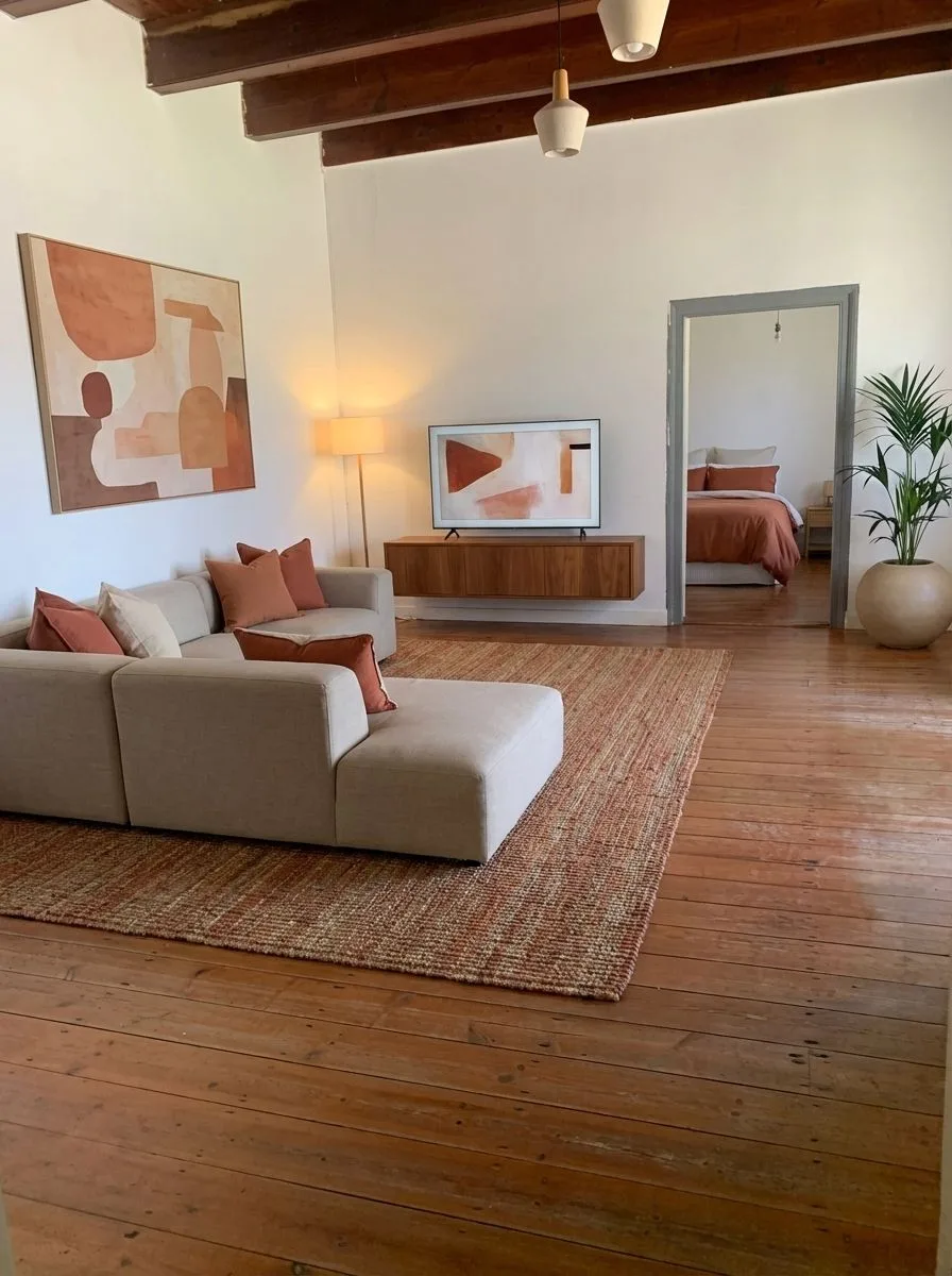 Bohemian living room with white walls, exposed wood beams, terracotta accents, modular sofa, jute rug, warm wood floors, photorealistic interior design photography, 8k