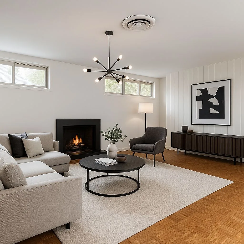 Modern minimalist living room with white walls, light wood parquet floors, black fireplace, grey linen sofa, round coffee table, starburst chandelier, photorealistic interior design photography, 8k