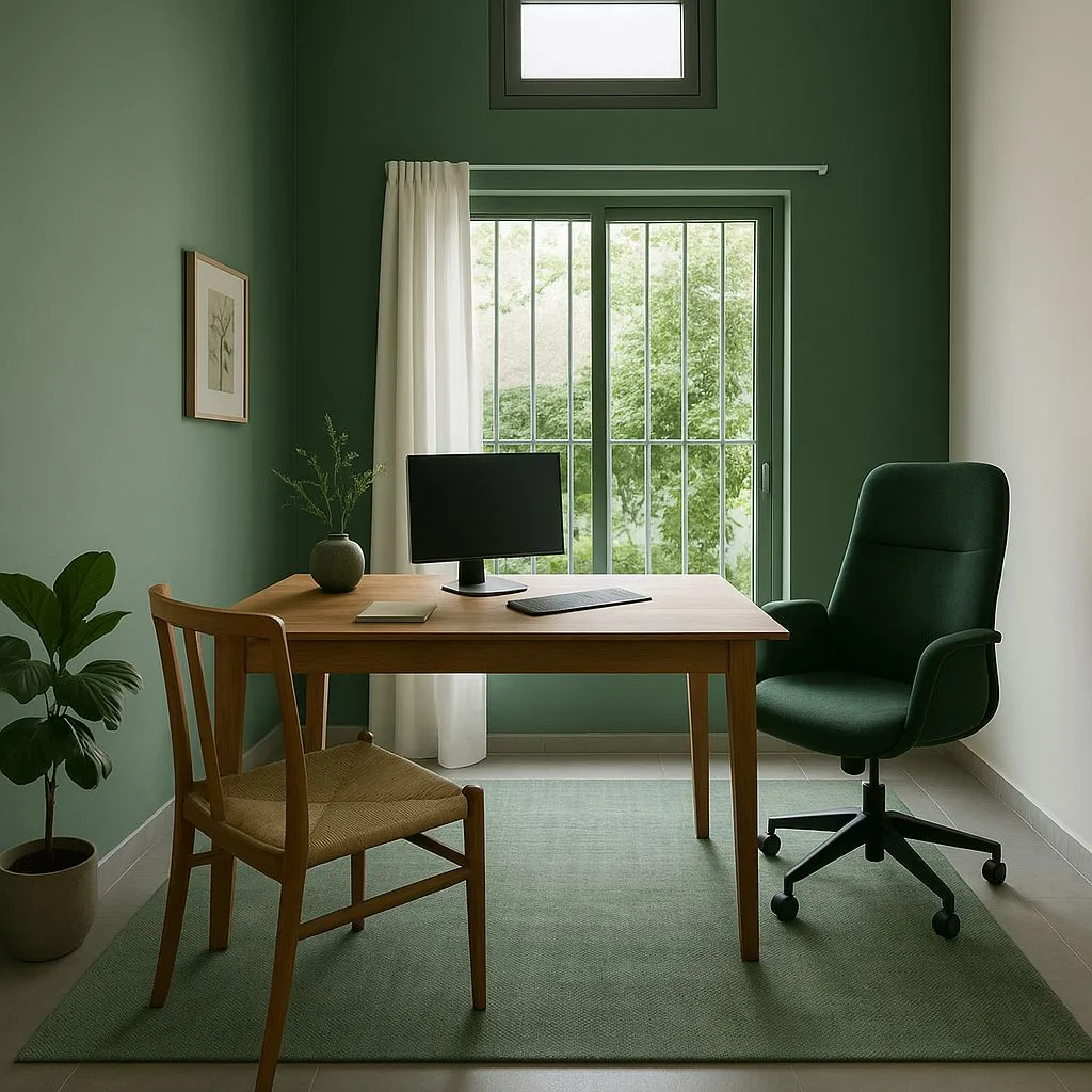 Contemporary home office with forest green walls, light wood desk, woven chair, green rug, black monitor, photorealistic interior design photography, 8k