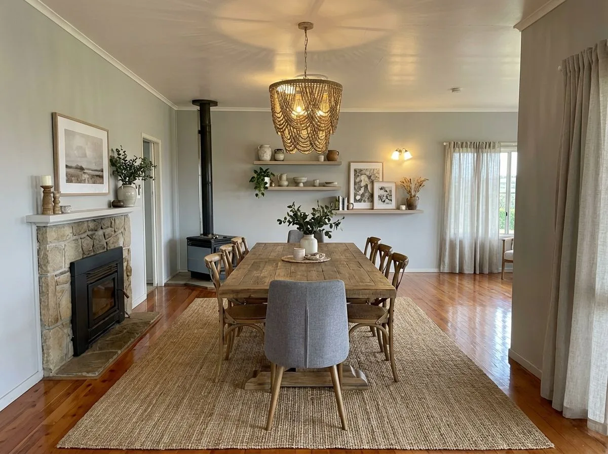 Farmhouse dining room with reclaimed wood table, jute rug, beaded chandelier, stone fireplace, open shelving, photorealistic interior design photography, 8k