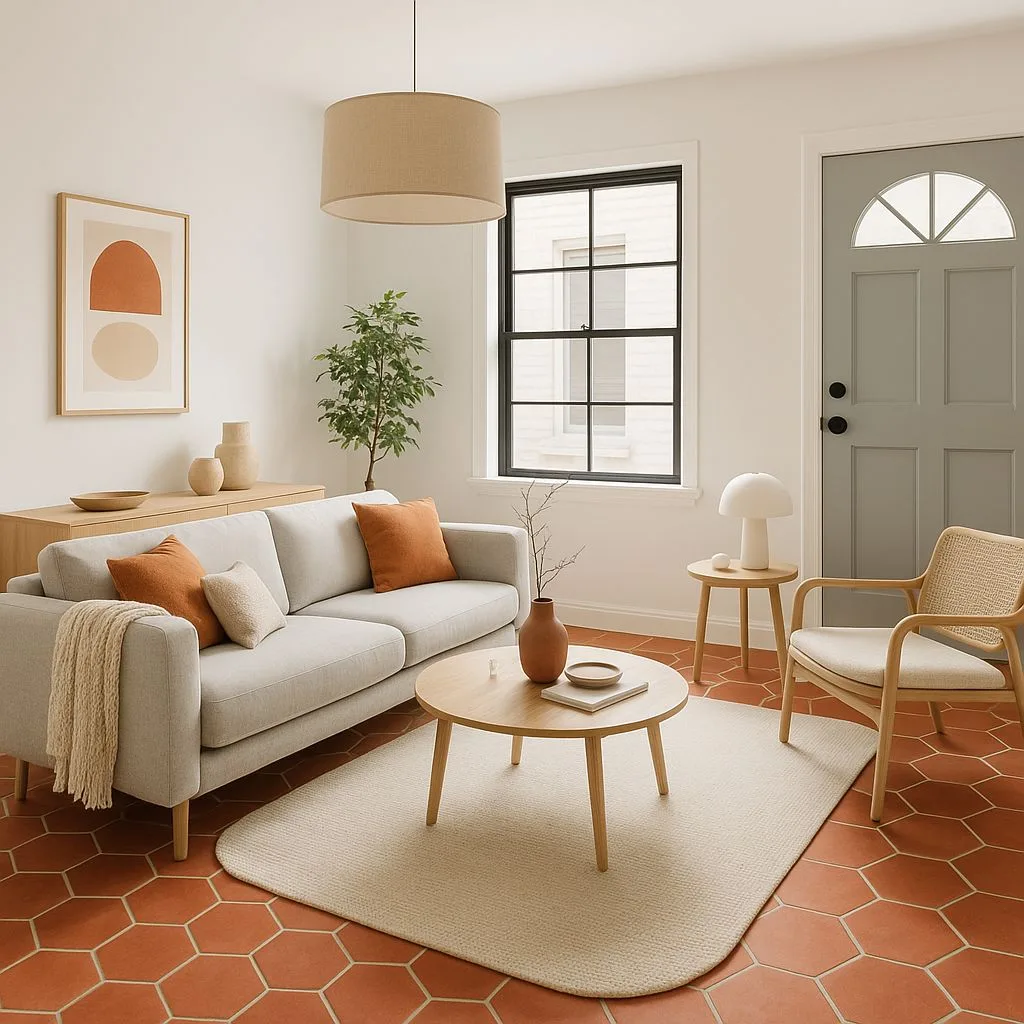 Scandinavian modern living room with terracotta hexagon tile, light grey sofa, round wood coffee table, woven rug, linen pendant, photorealistic interior design photography, 8k