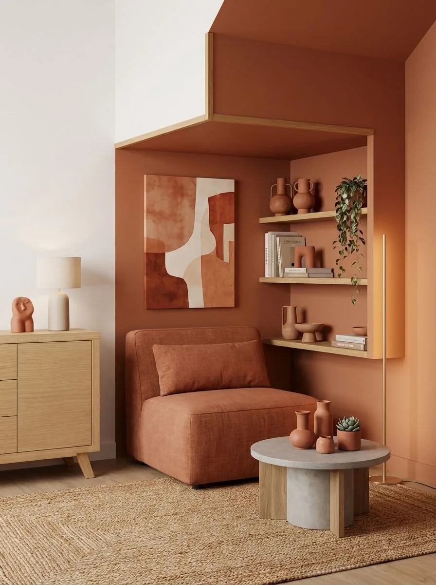 Contemporary reading nook with terracotta walls, linen chair, light wood shelves, jute rug, minimalist floor lamp, photorealistic interior design photography, 8k