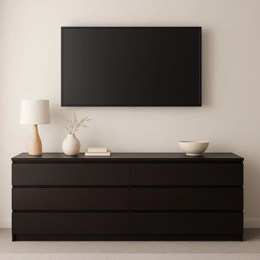 Modern minimalist bedroom with dark wood dresser, large black TV, white walls, beige carpet, ceramic vase, wood lamp, photorealistic interior design photography, 8k