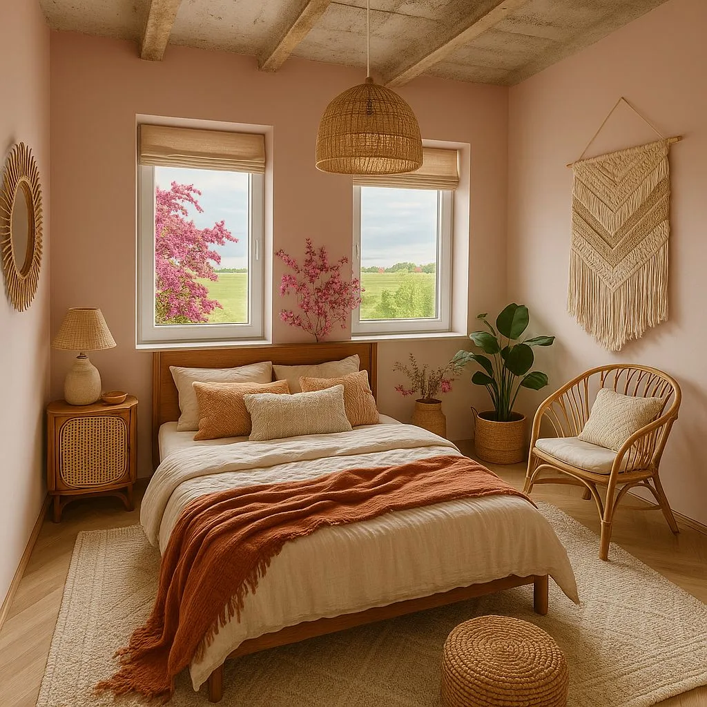 Warm bohemian bedroom with pink walls, wood frame bed, rattan side table, woven pendant light, terracotta throw, photorealistic interior design photography, 8k