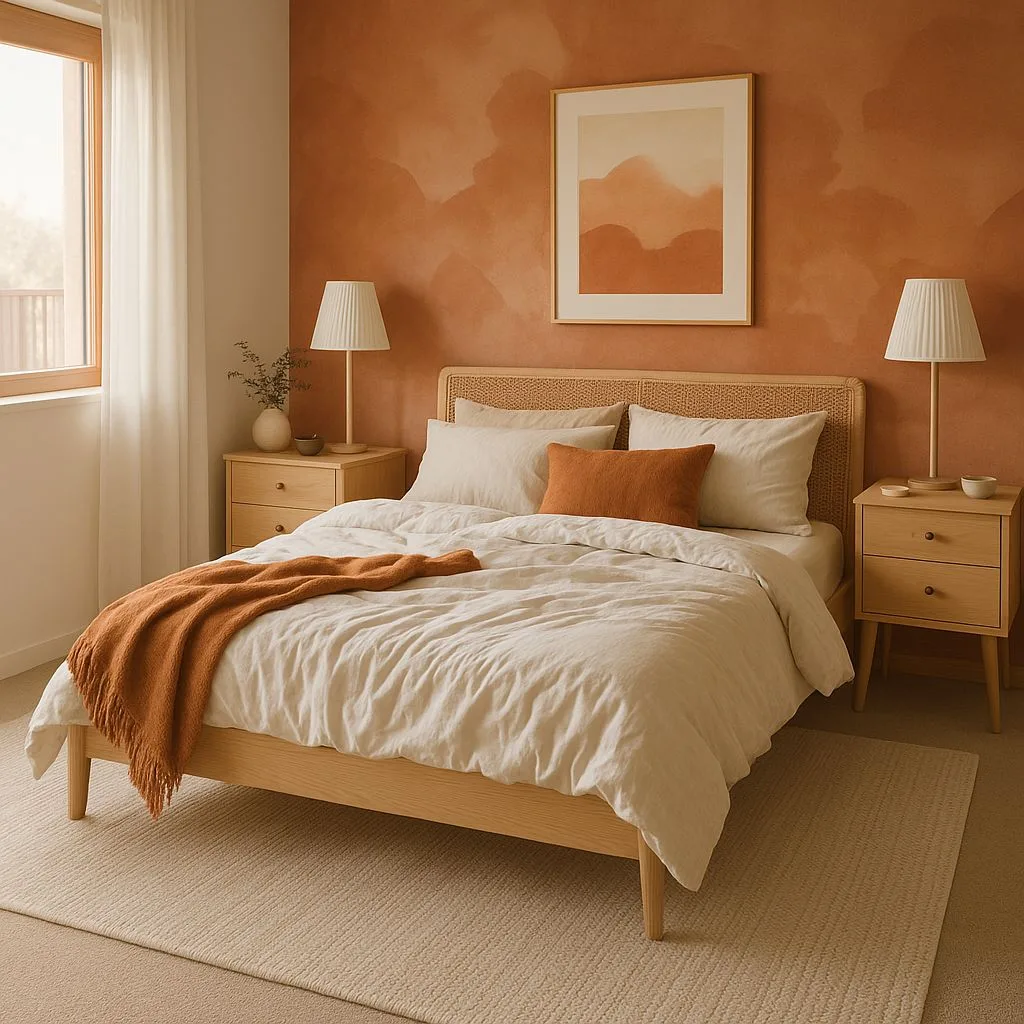Scandinavian bedroom with terracotta walls, light wood bed frame, woven headboard, linen bedding, matching nightstands, photorealistic interior design photography, 8k
