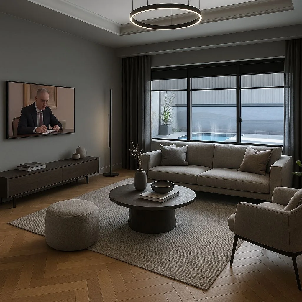 Modern minimalist living room with warm grey walls, light wood herringbone floors, linen sofa, round coffee table, black ring pendant lighting, photorealistic interior design photography, 8k
