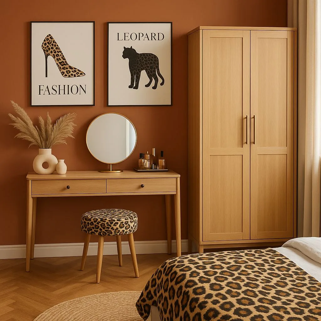 Eclectic bedroom interior with terracotta walls, light wood vanity, leopard print stool, round jute rug, fashion art prints, photorealistic interior design photography, 8k