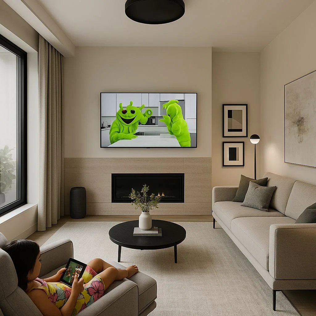 Modern neutral living room with beige sofa, black round coffee table, light stone fireplace surround, black floor lamp, minimalist art, photorealistic interior design photography, 8k
