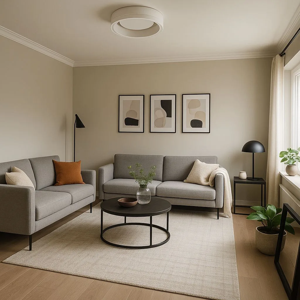 Neutral Scandinavian living room with light grey sofas, black metal accents, round coffee table, beige rug, light wood floors, photorealistic interior design photography, 8k