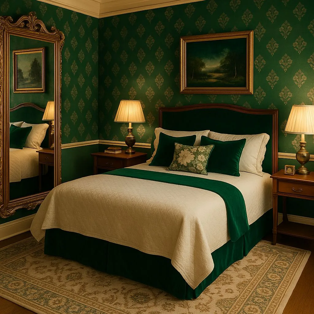 Traditional bedroom with emerald patterned wallpaper, dark wood nightstands, velvet green bed skirt, ornate gold mirror, warm table lamps, photorealistic interior design photography, 8k