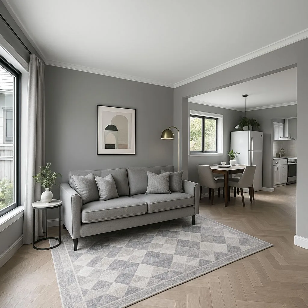 Transitional open concept living dining room with grey walls, herringbone wood floors, grey fabric sofa, geometric rug, brass floor lamp, photorealistic interior design photography, 8k