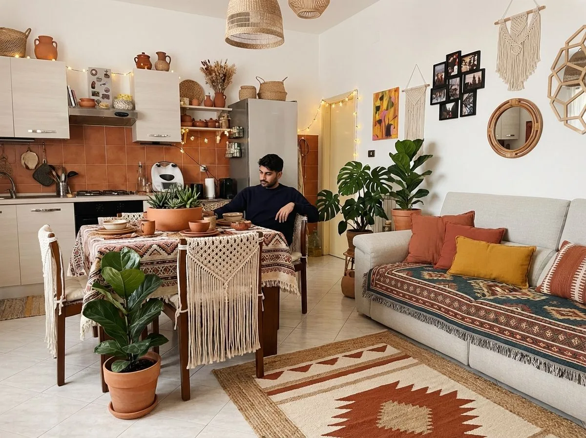 Eclectic bohemian kitchen and living room with terracotta tile backsplash, macrame wall hangings, woven baskets, jute rug, potted plants, photorealistic interior design photography, 8k