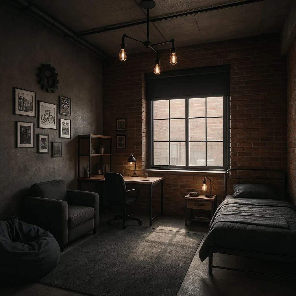 Industrial masculine bedroom with exposed brick, dark grey walls, metal bedframe, wood desk, Edison bulb chandelier, photorealistic interior design photography, 8k