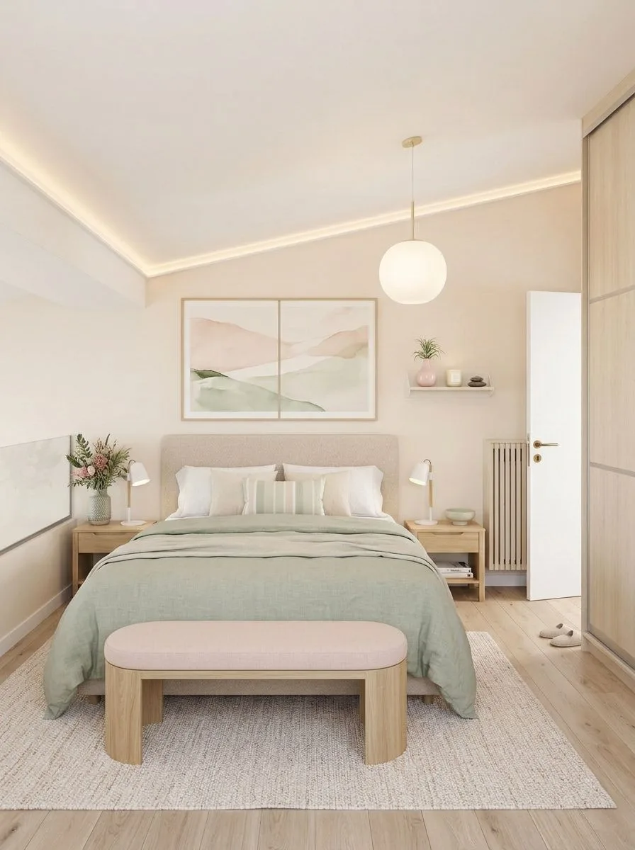 Scandinavian bedroom with light wood floors, sage green duvet, pink upholstered bench, globe pendant, framed landscape art, photorealistic interior design photography, 8k