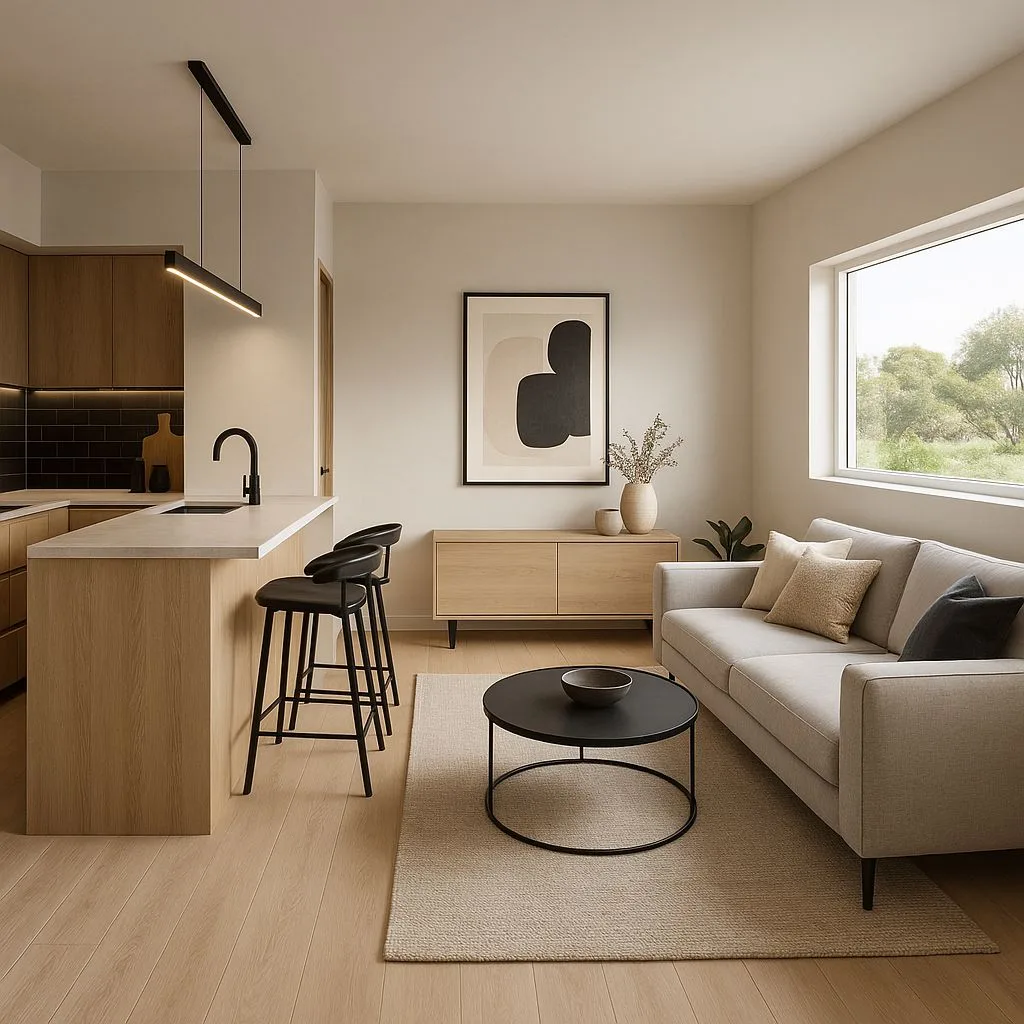 Minimalist open concept living space with light oak cabinets, black bar stools, beige linen sofa, round black table, neutral rug, photorealistic interior design photography, 8k