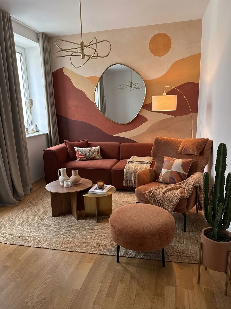 Bohemian living room with terracotta sectional, jute rug, walnut coffee tables, desert mural, brass arc lamp, photorealistic interior design photography, 8k